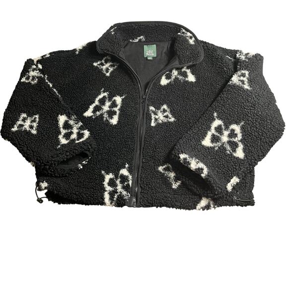 wild fable Jackets & Blazers - Wild Fable High Neck Long Sleeve Black & White Butterflies Fuzzy Coat Zip Up
